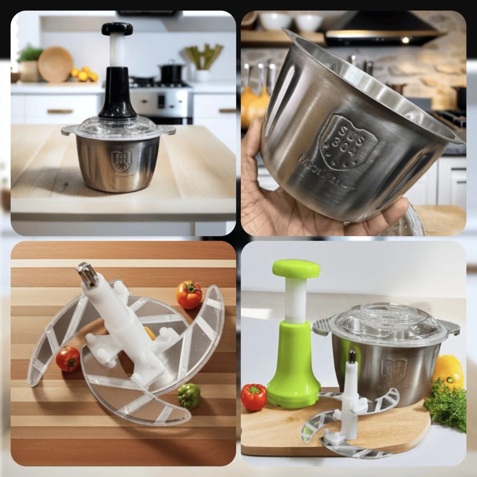 2 Litre 4 Blades Meat and Vegetable Manual Push Chopper with Stainless Steel Bowl ashostore