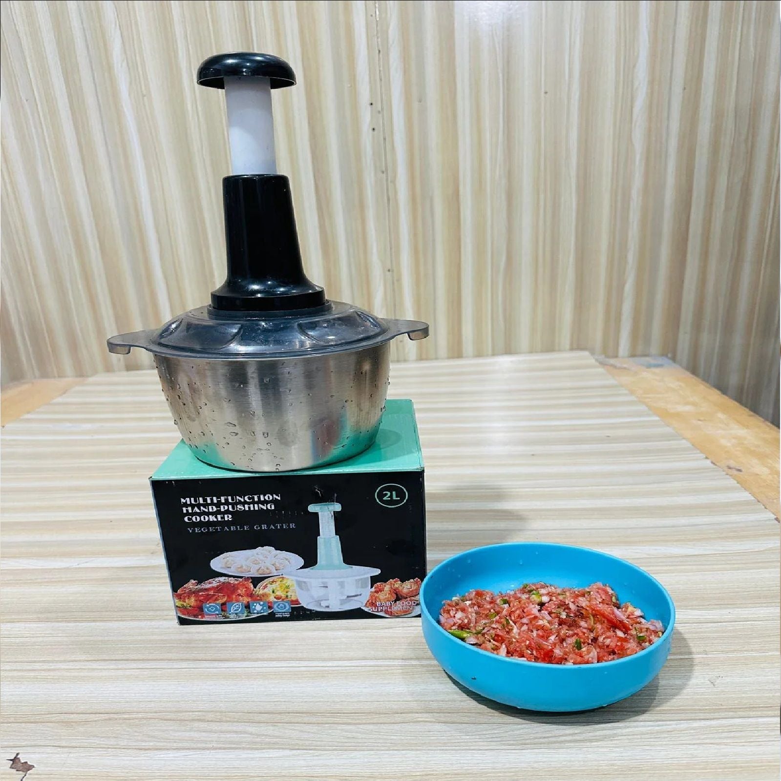 2 Litre 4 Blades Meat and Vegetable Manual Push Chopper with Stainless Steel Bowl ashostore