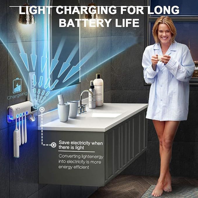 Smart UV Toothbrush Holder and Toothpaste Dispenser Bathroom Toothbrush Holder Wall Mounted Toothpaste Dispenser with Rechargeable Solar Powered Rechargeable USB Charging ashostore