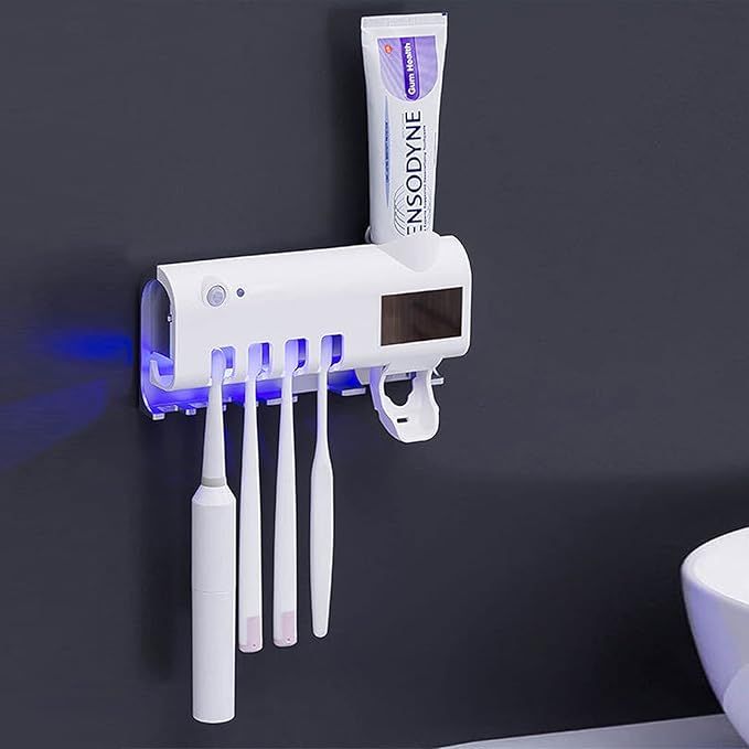 Smart UV Toothbrush Holder and Toothpaste Dispenser Bathroom Toothbrush Holder Wall Mounted Toothpaste Dispenser with Rechargeable Solar Powered Rechargeable USB Charging ashostore