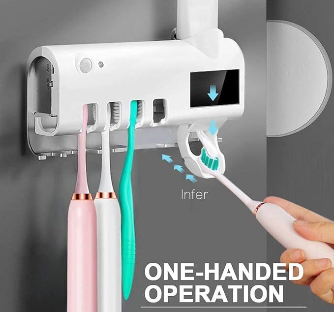 Smart UV Toothbrush Holder and Toothpaste Dispenser Bathroom Toothbrush Holder Wall Mounted Toothpaste Dispenser with Rechargeable Solar Powered Rechargeable USB Charging ashostore
