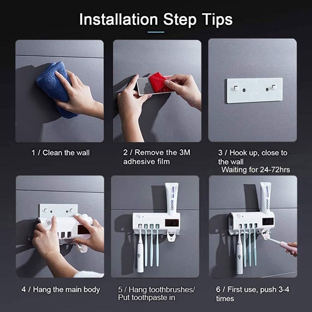 Smart UV Toothbrush Holder and Toothpaste Dispenser Bathroom Toothbrush Holder Wall Mounted Toothpaste Dispenser with Rechargeable Solar Powered Rechargeable USB Charging ashostore
